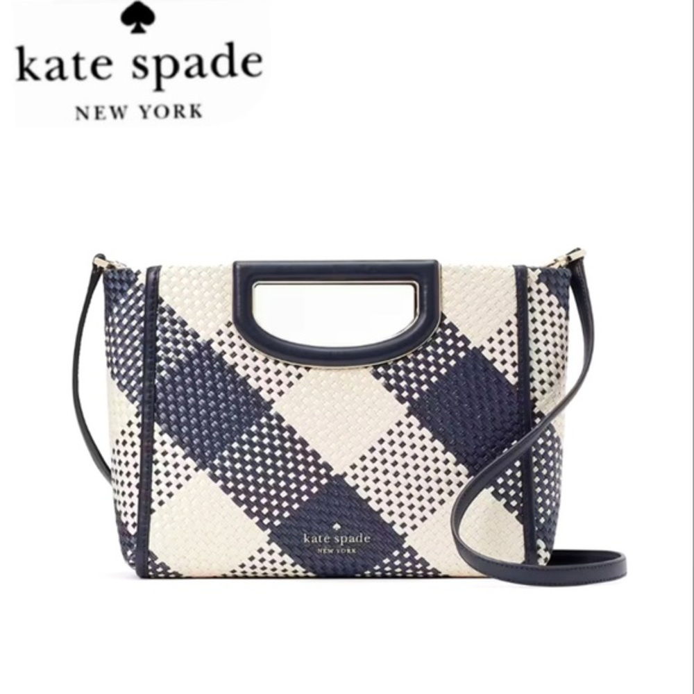 NWT KATE SPADE‎ ALEXIA GINGHAM CROSSBODY STRAW/LEATHER BLAZER BLUE SHOULDER BAG